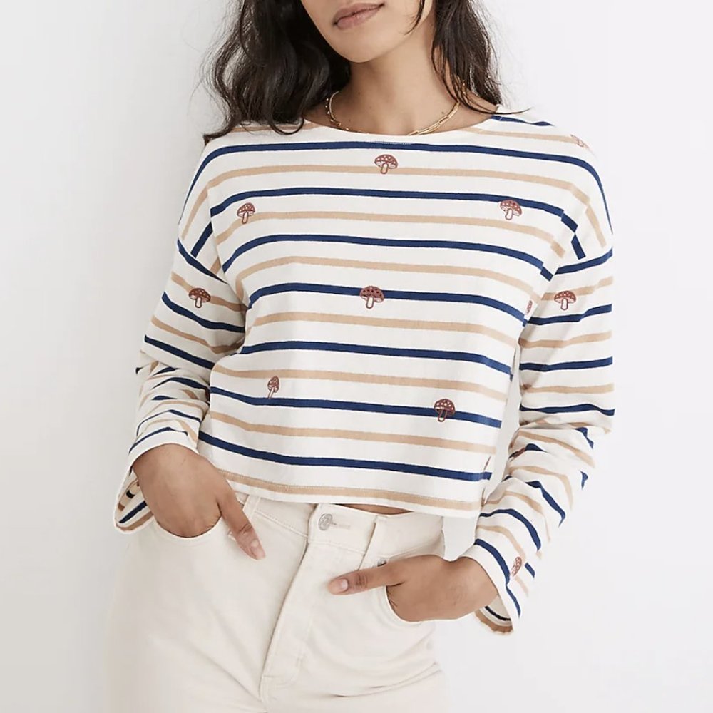MADEWELL MUSHROOM EMBROIDERED ORGANIC COTTON CROPPED LONG SLEEVE TOP